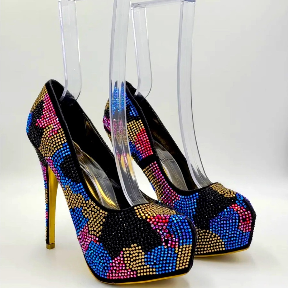 Alba 'Sequin' 6" Platform Heel Women's size 8 1/2 (black,blue,red,gold)